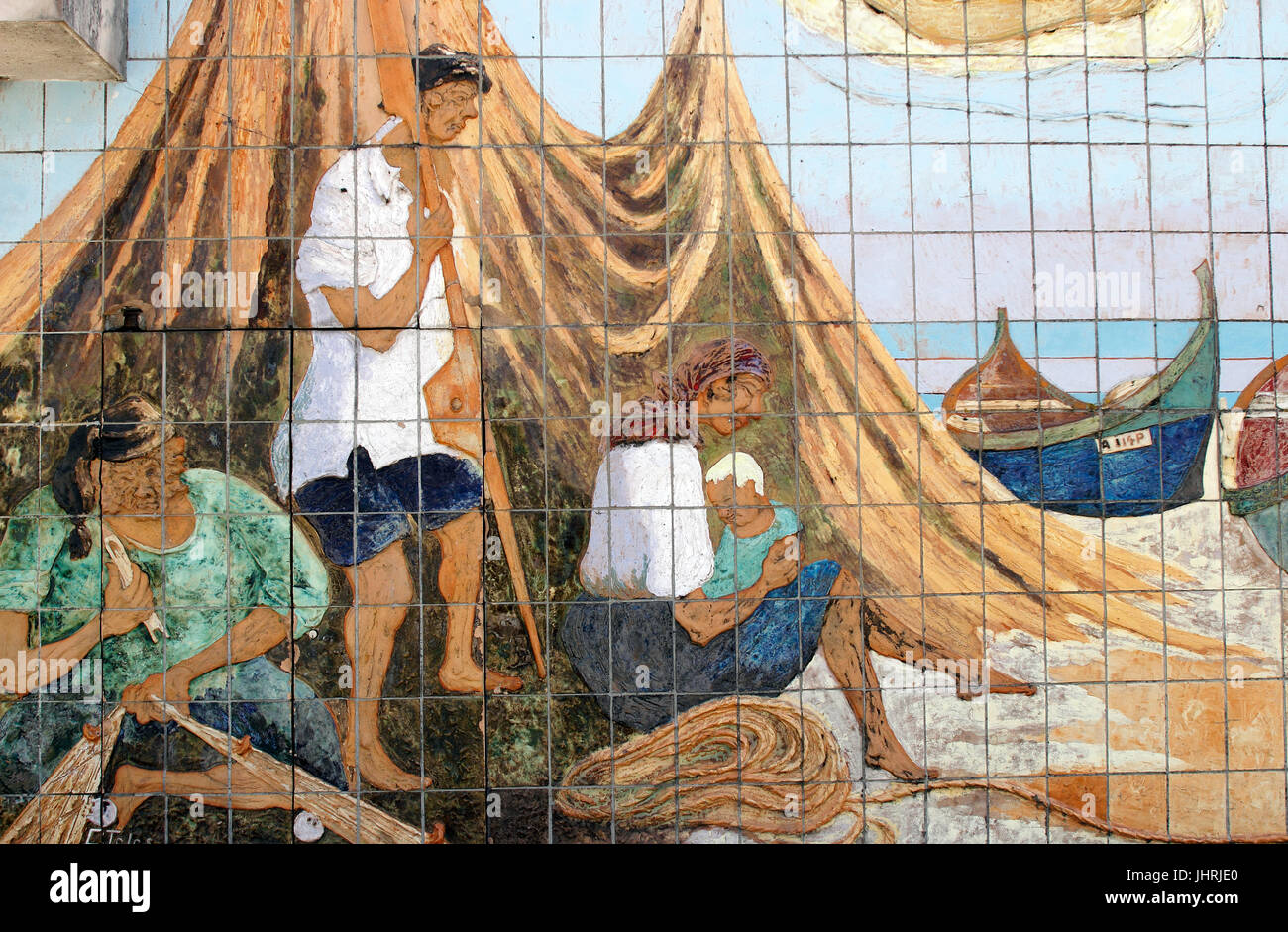 Tuile décorative des azulejos du mur le long du Canal Central Portugal Aveiro Banque D'Images