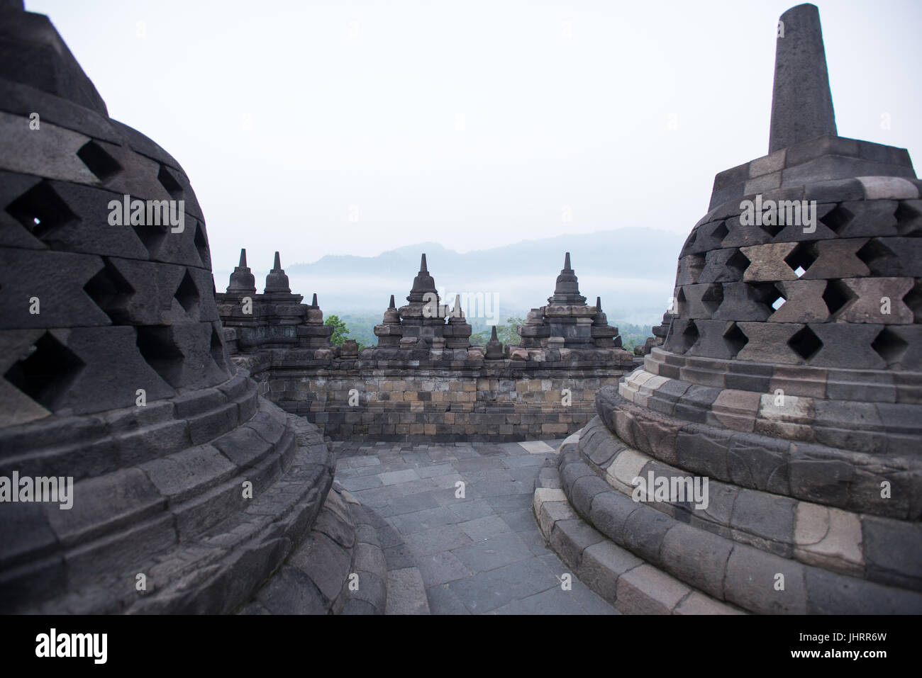 L'Immortalité de la mer terrasse du temple de Borobudur Java Indonésie. Banque D'Images