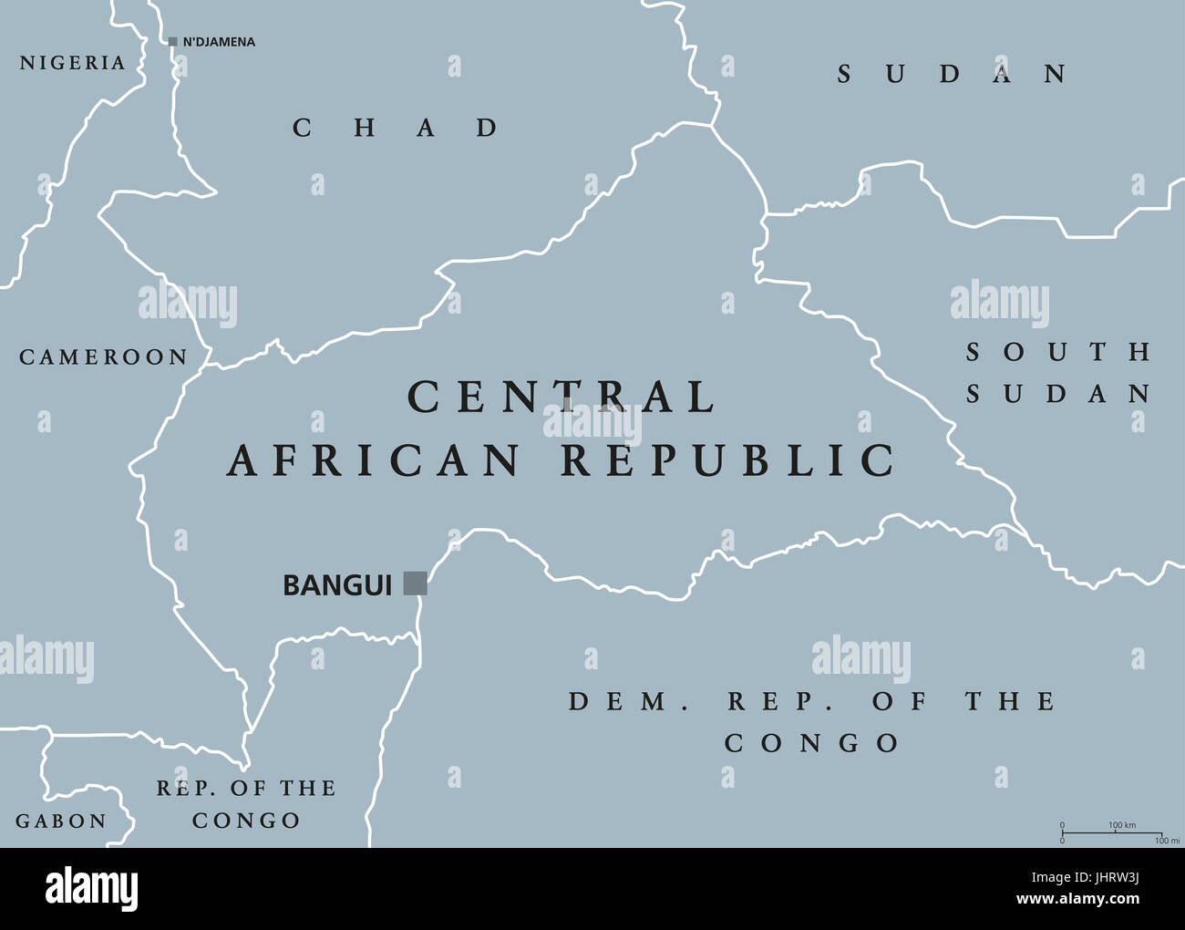 République centrafricaine carte politique avec capitale Bangui et les frontières internationales. Pays enclavé d'Afrique centrale. Gris illustration. Banque D'Images
