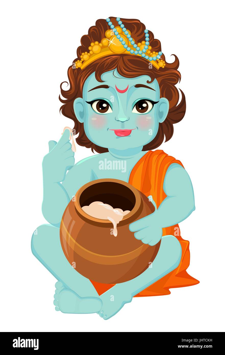 Happy Janmashtami. La célébration de la naissance de Krishna. Peu de beurre goût Krishna. Fête traditionnelle indienne. Vector illustration Illustration de Vecteur