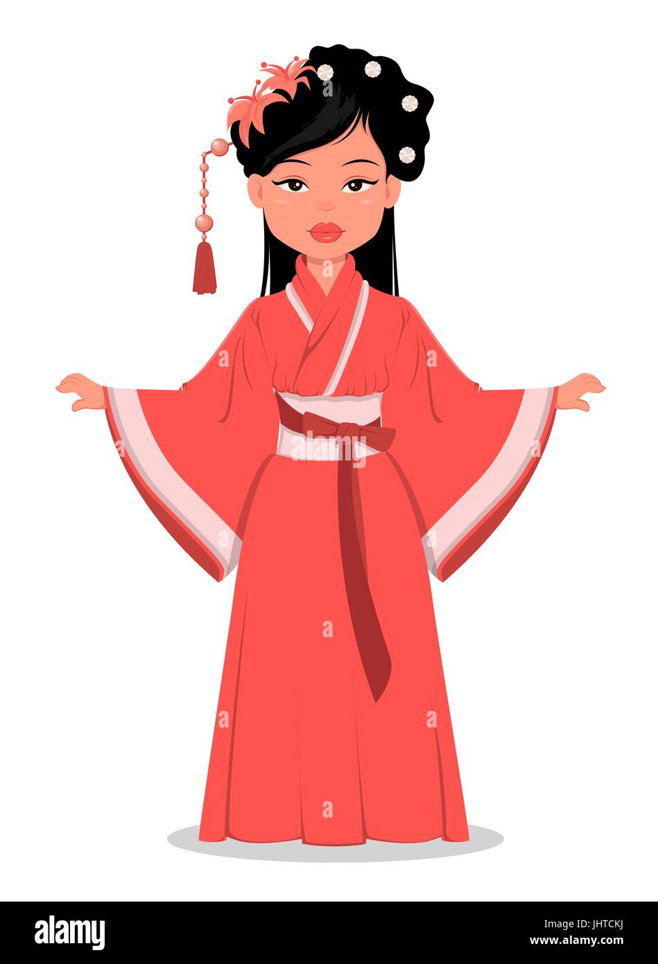 Caractère jeune chinoise dans de beaux vêtements traditionnels et avec des fleurs dans ses cheveux. Cartoon Vector illustration. EPS10 Illustration de Vecteur