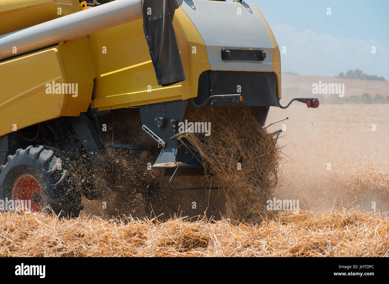Moissonneuse-batteuse de près au cours de la récolte . La récolte de blé. Banque D'Images