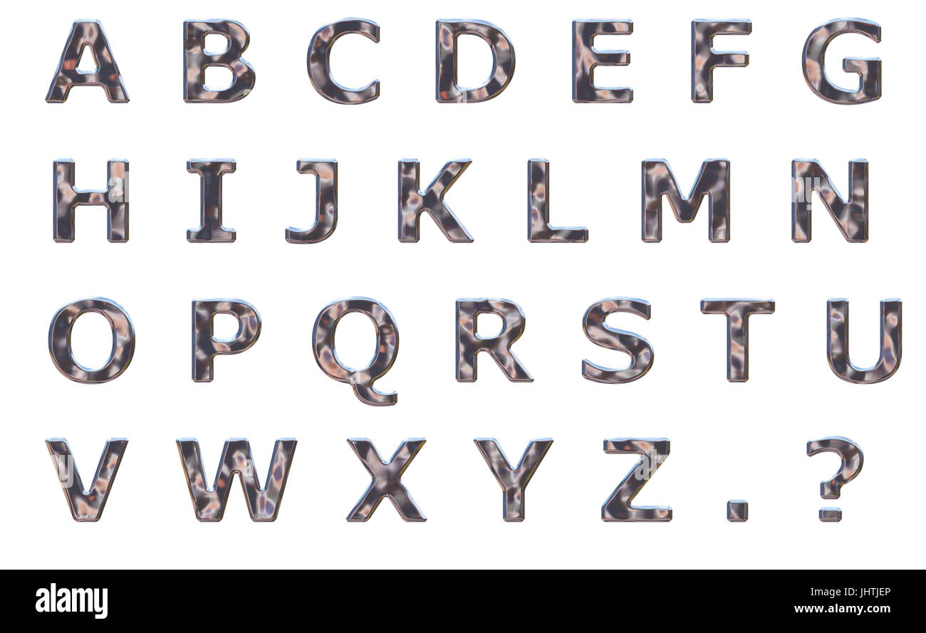 Alphabet majuscule dans chrome martelé sur un fond blanc avec un chemin de détourage Banque D'Images