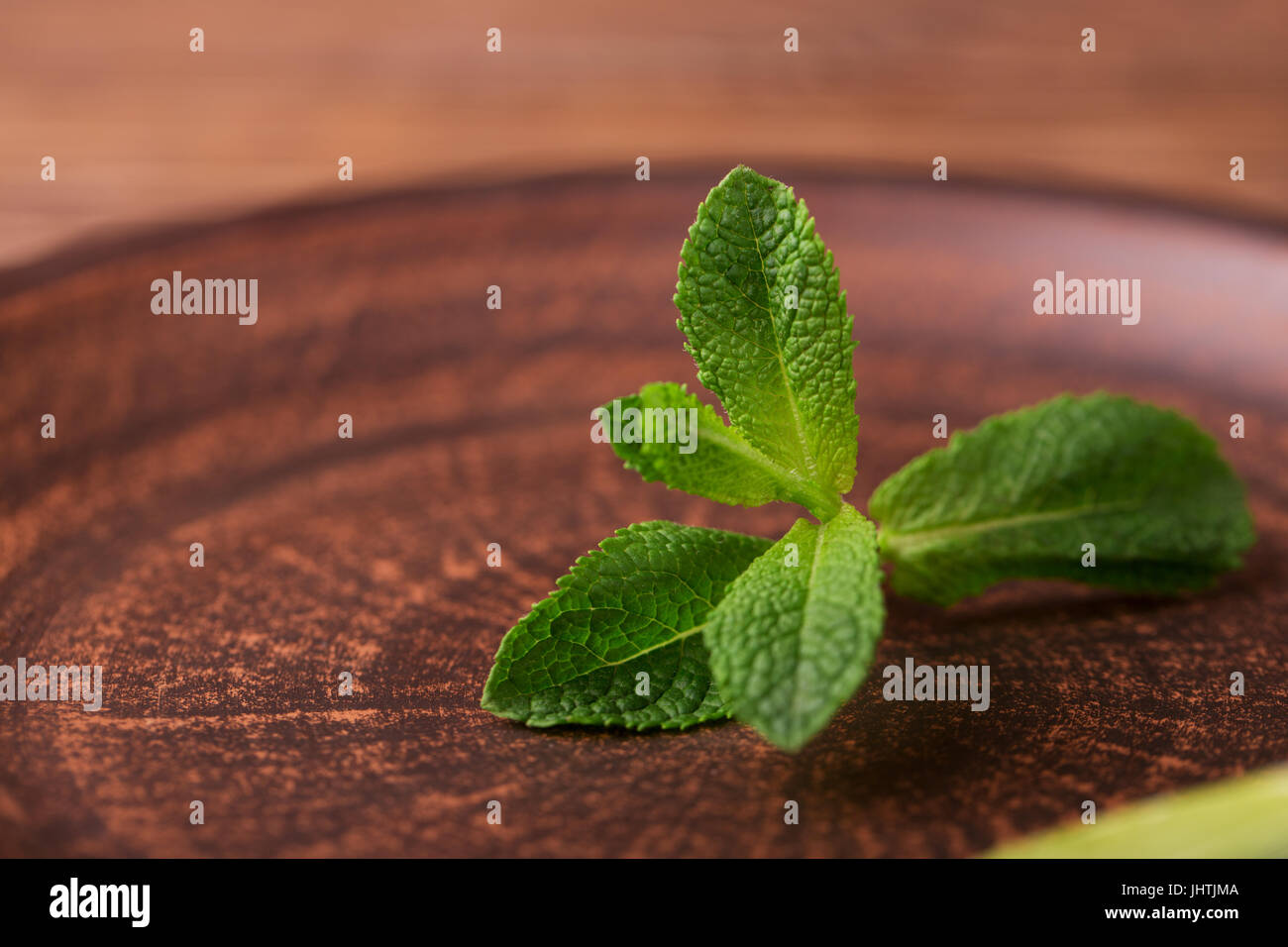 Les feuilles de menthe sur une plaque en bois sombre sur l'arrière-plan Banque D'Images