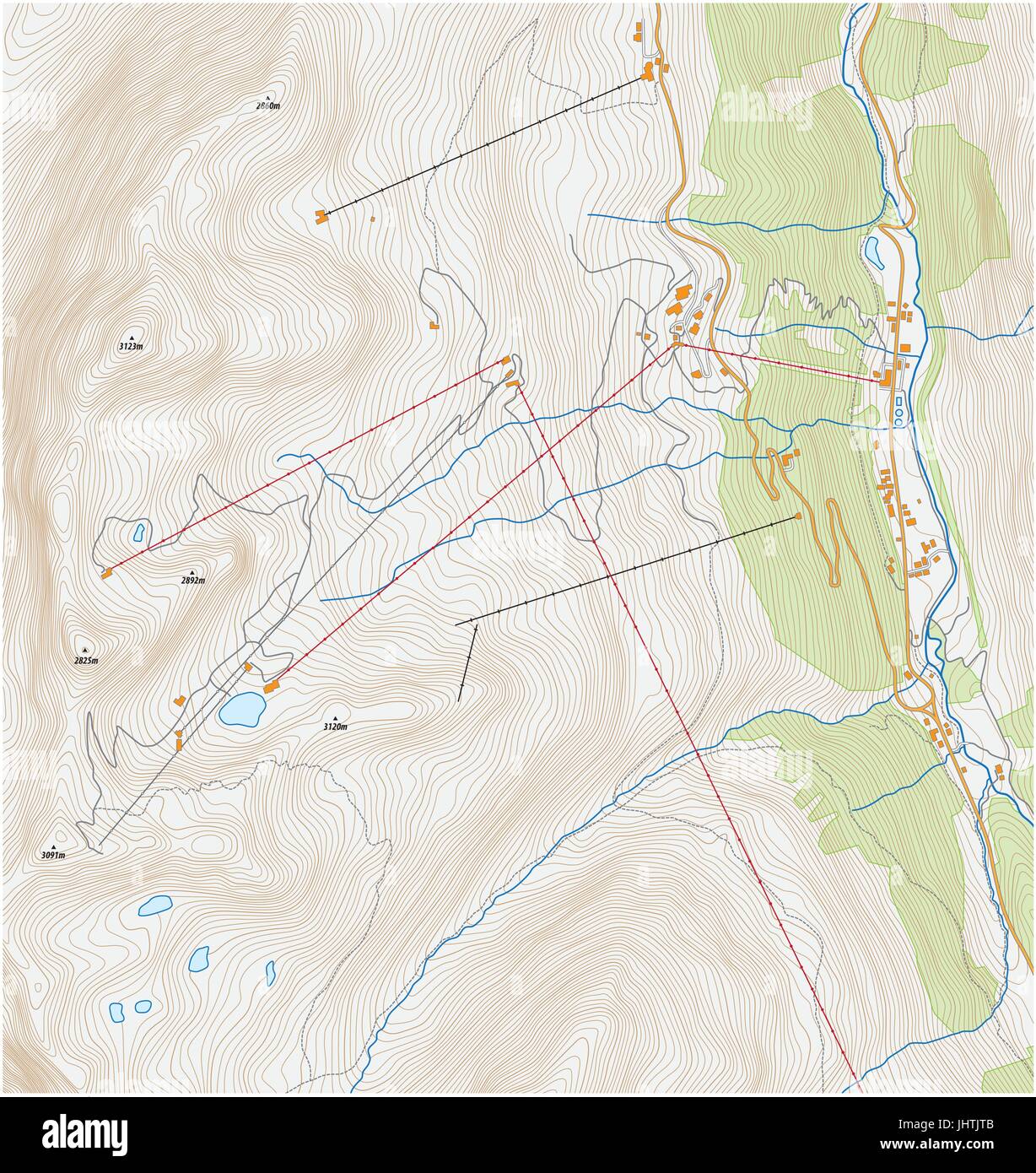 Carte topographique de l'imaginaire d'une région de sports d'hiver Illustration de Vecteur