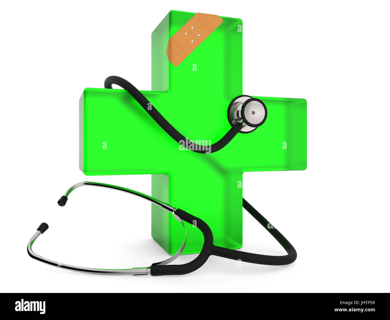 La croix verte avec stéthoscope et plâtre isolé sur fond blanc le rendu 3D Banque D'Images