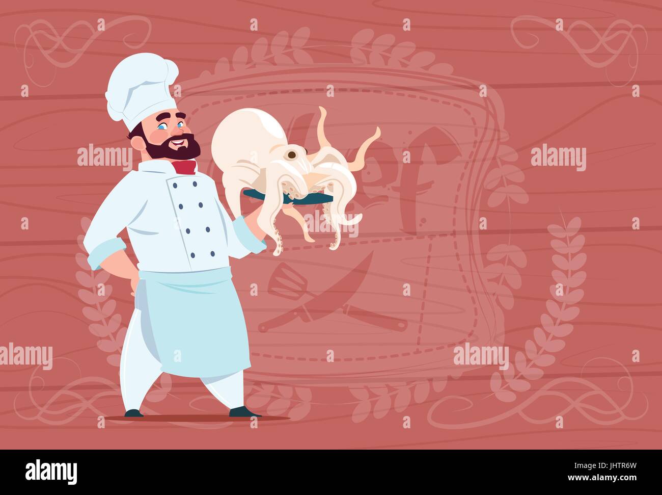 Maintenez Chef Cuisine Restaurant Octopus Smiling Cartoon Chef en uniforme blanc sur fond texturé en bois Illustration de Vecteur