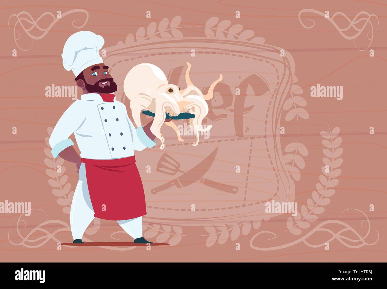 Chef cuisine afro-américaine Octopus Hold Smiling Cartoon Restaurant Chef en uniforme blanc sur fond texturé en bois Illustration de Vecteur