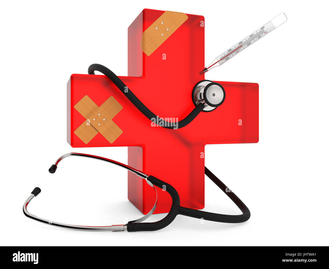 Croix Rouge avec stéthoscope, thermomètre et plâtre isolé sur fond blanc le rendu 3D Banque D'Images