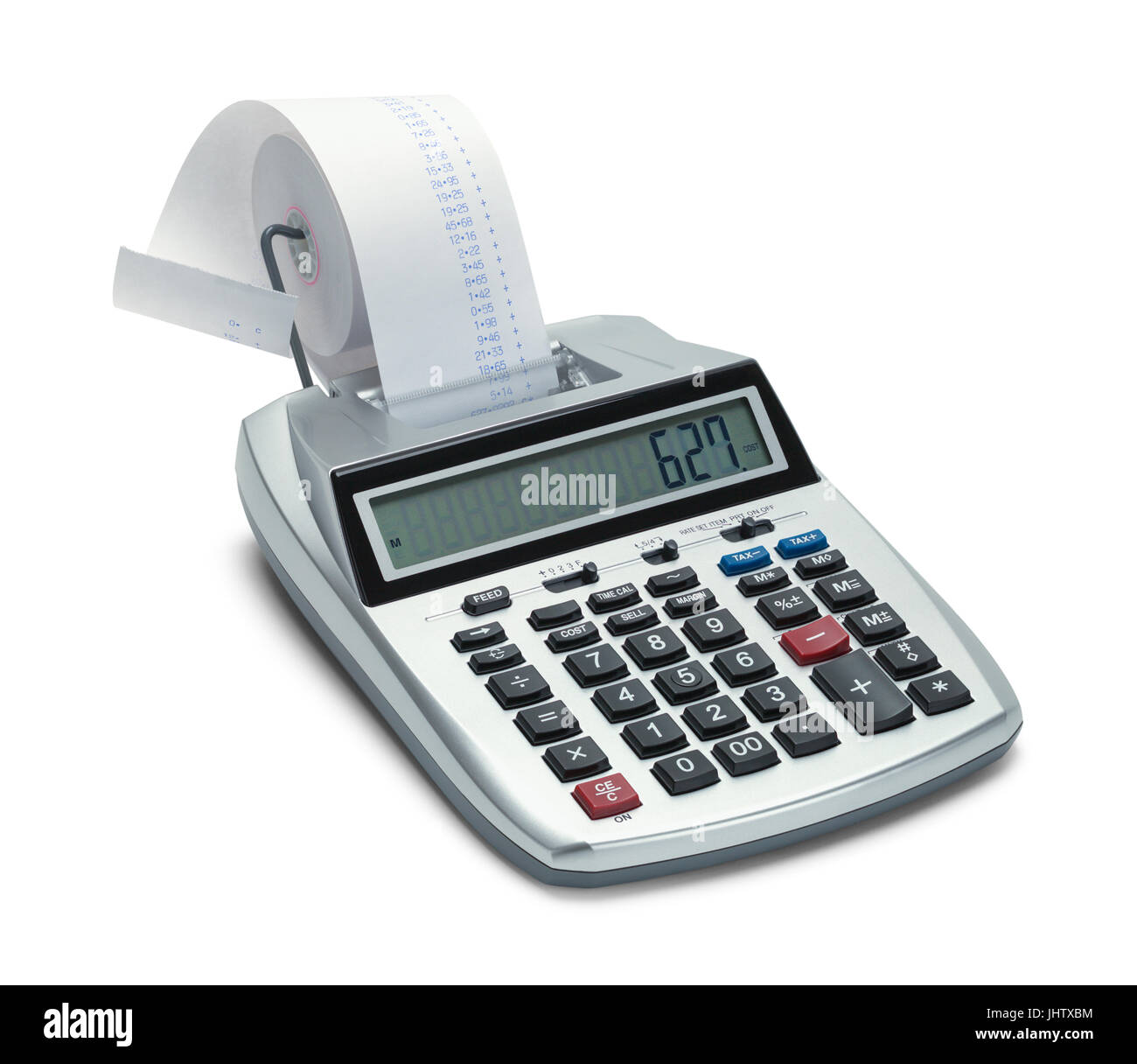 Calculatrice d'affaires avec papier pour reçus isolé sur fond blanc. Banque D'Images