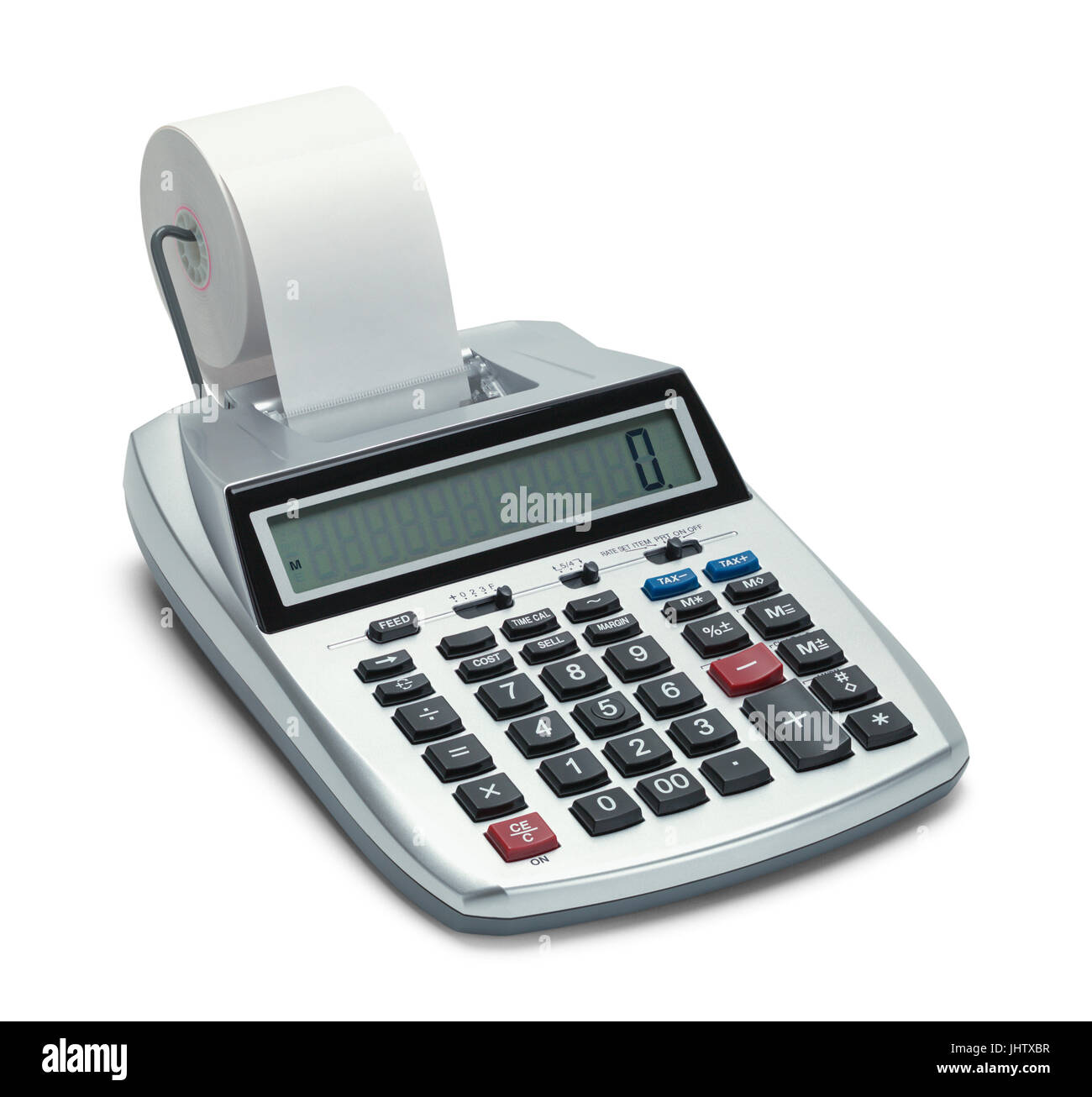 Calculatrice d'affaires avec le reçu du blanc isolé sur fond blanc. Banque D'Images