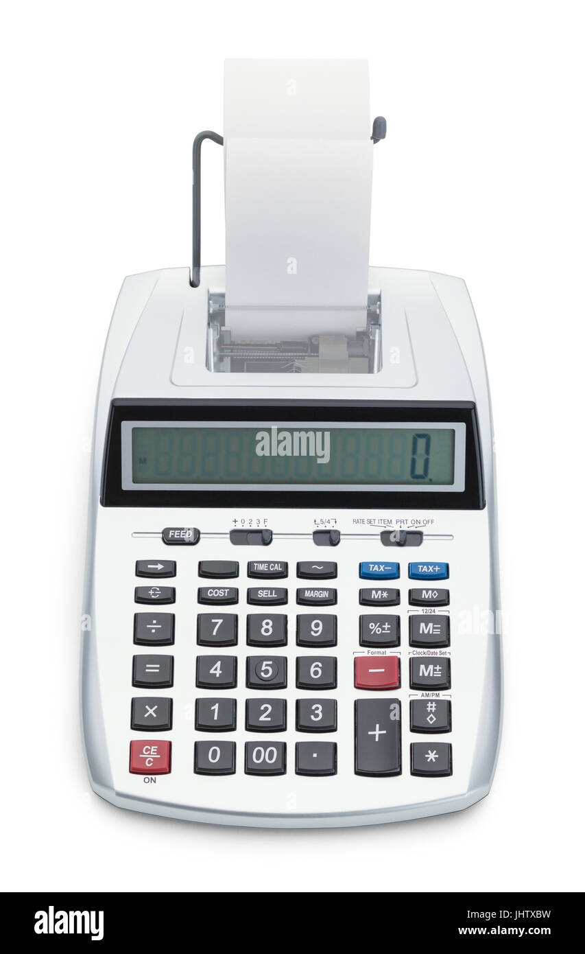Calculatrice d'affaires avec le reçu du blanc isolé sur fond blanc. Banque D'Images