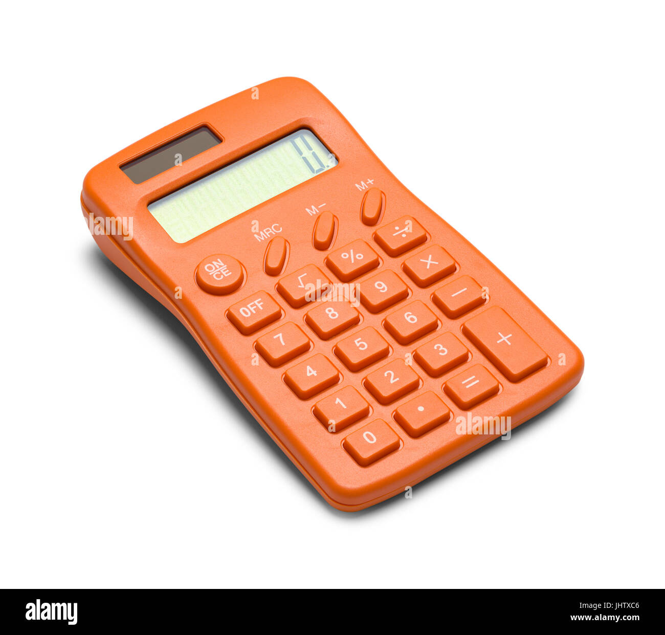 Calculatrice Orange Allumé isolé sur fond blanc. Banque D'Images