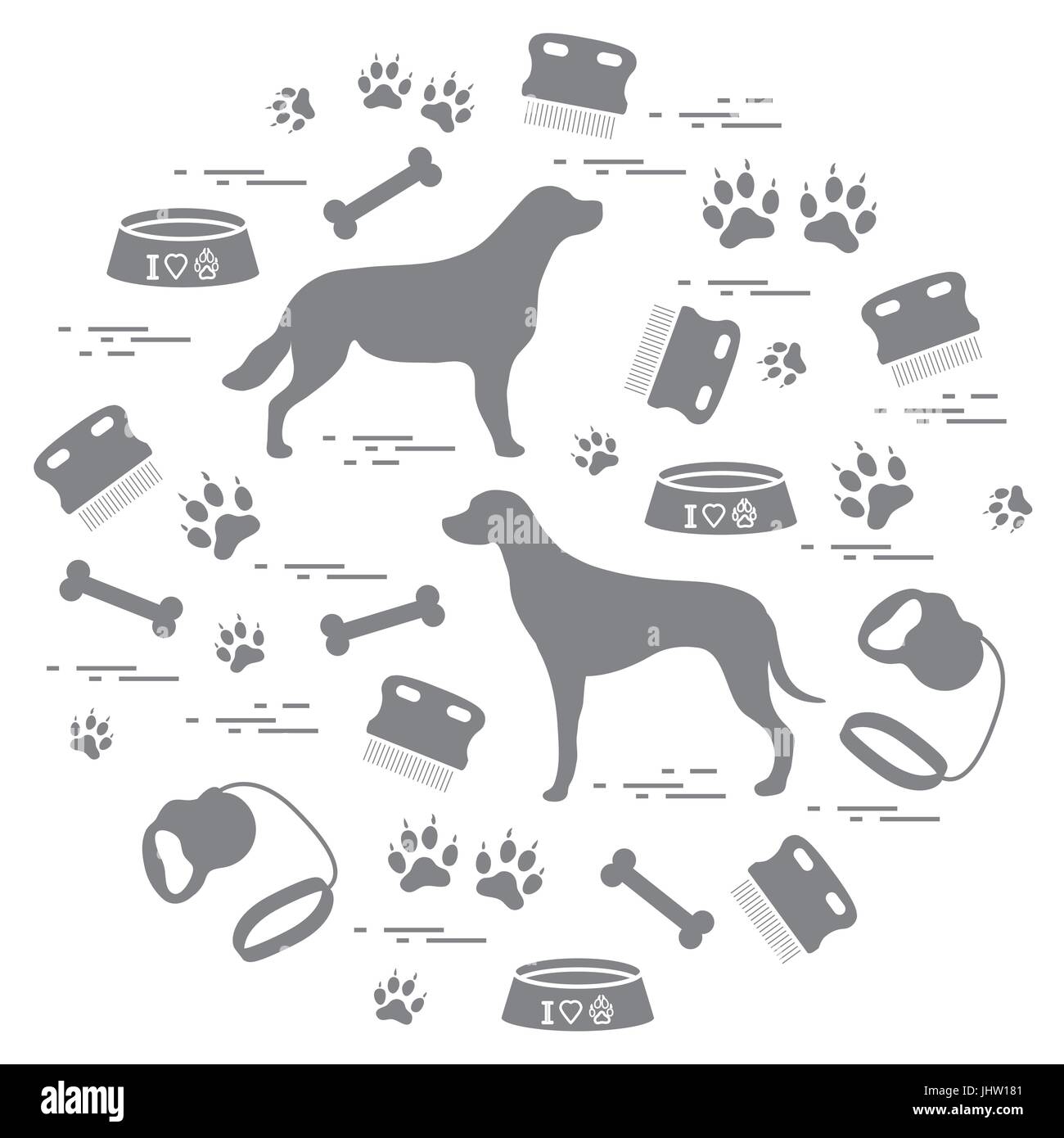 Cute vector illustration marchandises aux soins pour chiens disposées en cercle. Soins de santé, de l'EFP, la nutrition, l'exposition. Pour la conception d'affiches, de bannières ou d'impression. Illustration de Vecteur