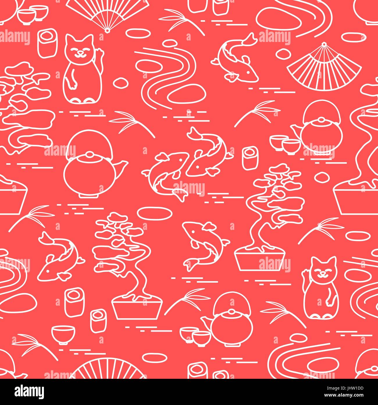 Cute vector pattern avec arbre de bonzaies, minimal rock garden, japonais lucky cat Maneki Neko, carpes koi et autres. Voyages et loisirs. Illustration de Vecteur