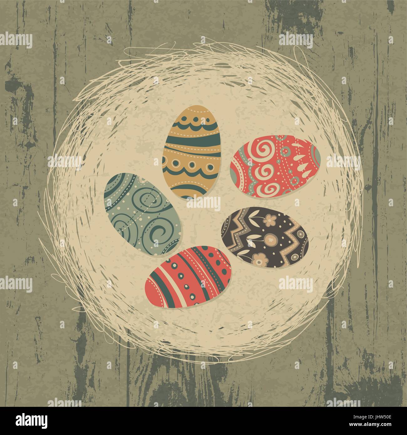 Oeufs de Pâques dans son nid sur la texture en bois. Arrière-plan de Pâques, style rétro. Illustration de Vecteur
