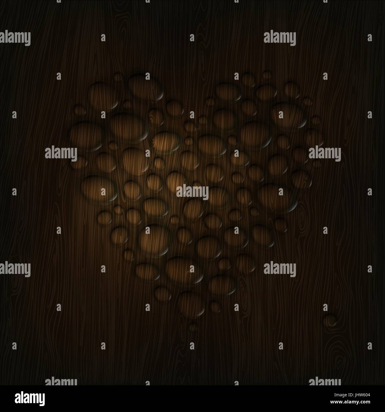 Les gouttes d'eau en forme de coeur sur une texture de bois. Illustration de Vecteur