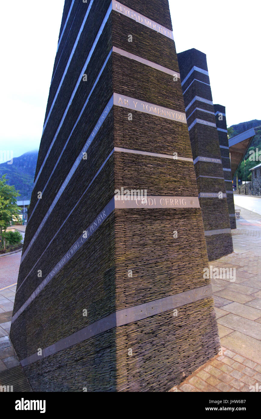 Monument de l'oeuvre d'ardoise le patrimoine dans Blaenau Ffestiniog, Gwynedd, au nord du Pays de Galles, Royaume-Uni Banque D'Images