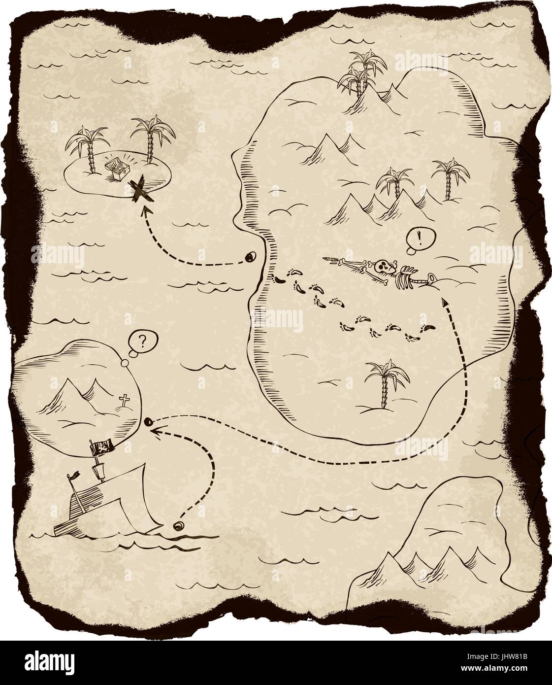 Vieille carte au trésor avec bords brûlés. Sur fond blanc, vector illustration. Illustration de Vecteur