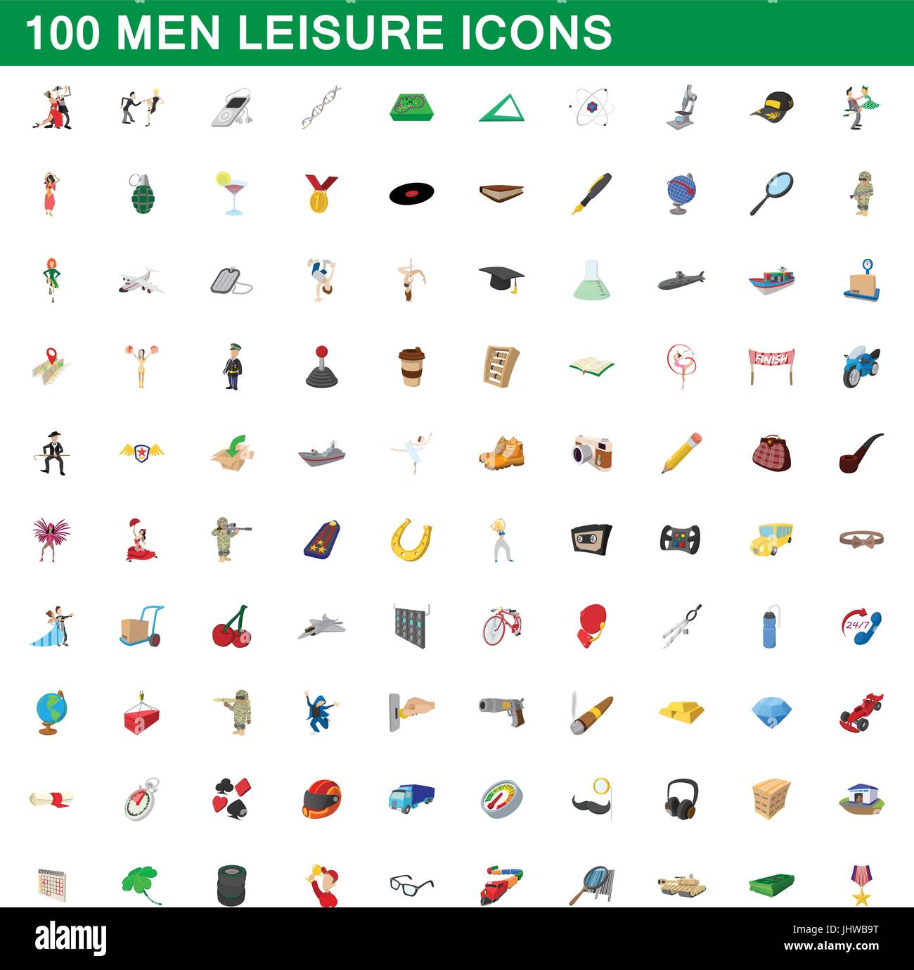 100 hommes icons set loisirs, style cartoon Illustration de Vecteur