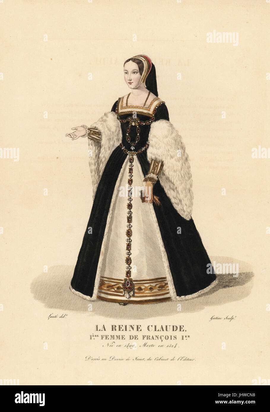 Reine Claude, première épouse du roi François I, 1499-1524. Elle porte une coiffe de velours riche chaperon, robe avec manches de fourrure, ouvert à l'avant de révéler une riche jupe. D'après un dessin de Janet Clouet dans la collection de l'éditeur. La gravure sur cuivre coloriée par Georges Jacques Gatine après une illustration par Louis Marie lante de la galerie française de femmes celebres, Paris, 1827. Banque D'Images