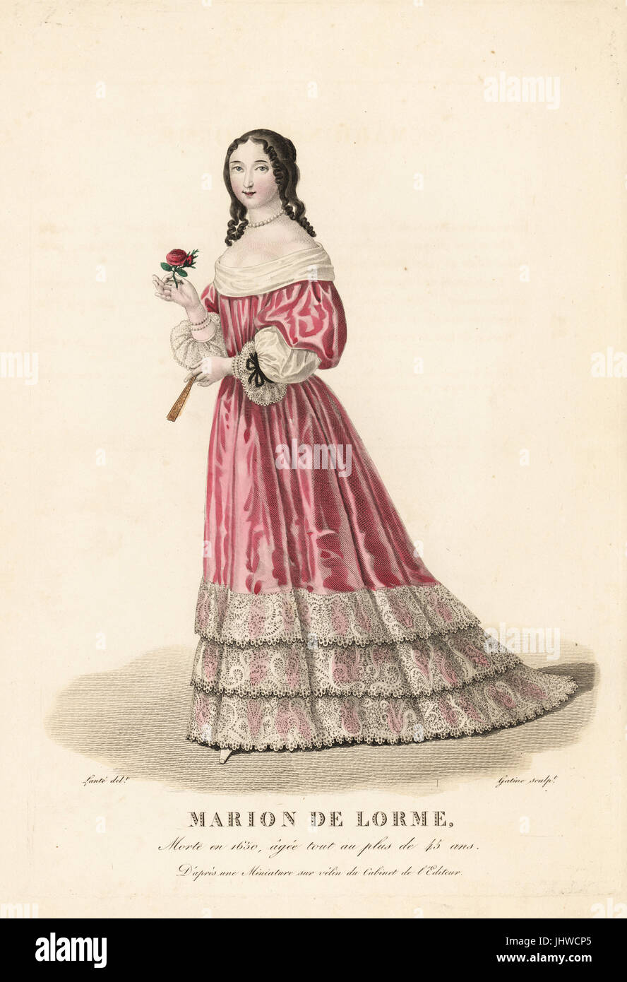 Marion de Lorme, salon hôtesse, courtisane, amoureux du poète des Barreaux et le Cardinal de Richelieu, 1613-1650. Elle porte ses cheveux en vrac dans anglaises, un collier de perles de coupe-bas, en robe de soie rose avec dentelle froufrous. Après une miniature sur vélin dans la collection de l'éditeur. La gravure sur cuivre coloriée par Georges Jacques Gatine après une illustration par Louis Marie lante de la galerie française de femmes celebres, Paris, 1827. Banque D'Images