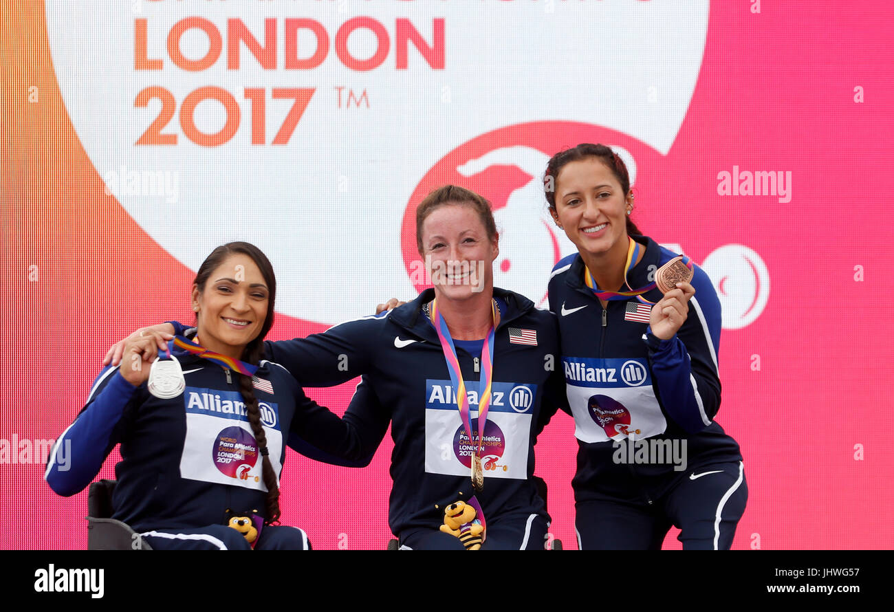 (Gauche-droite) Cheri Madsen des États-Unis, Tatyana McFadden des États-Unis et Hannah McFadden des États-Unis après le 200m T54 des femmes pendant la troisième journée des Championnats du monde d'athlétisme Para 2017 au stade de Londres. APPUYEZ SUR ASSOCIATION photo. Date de la photo: Dimanche 16 juillet 2017. Voir le paragraphe ATHLÉTISME de l'histoire de l'AP crédit photo devrait se lire: Paul Harding/PA Wire. Banque D'Images