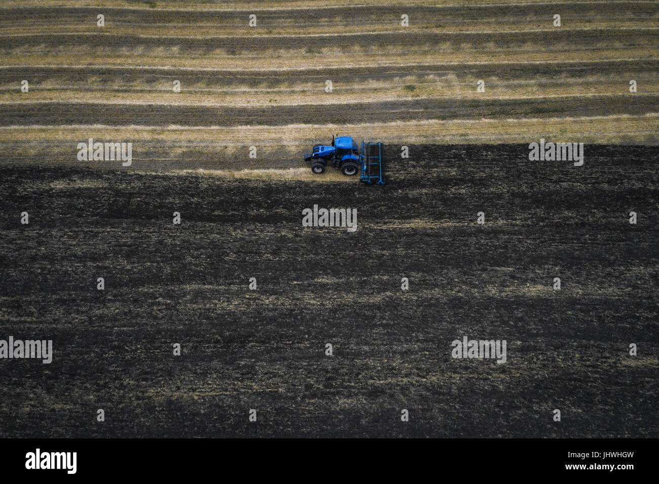 Le tracteur laboure le champ blanc sur fond de la terre noire, et derrière elle des oiseaux volent et la collecte de nourriture. Aeril vue. Machines agricoles Banque D'Images