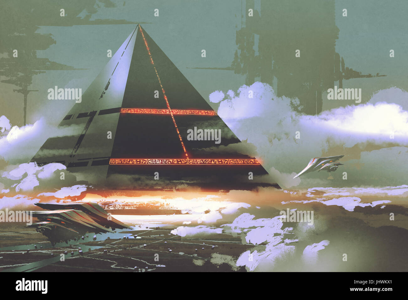Scène de science-fiction futuriste de pyramide noir flottant au-dessus de la surface de la terre, de l'art numérique, style peinture illustration Banque D'Images Scène de science-fiction futuriste de pyramide noir flottant au-dessus de la surface de la terre, de l'art numérique, style peinture illustration Banque D'Images