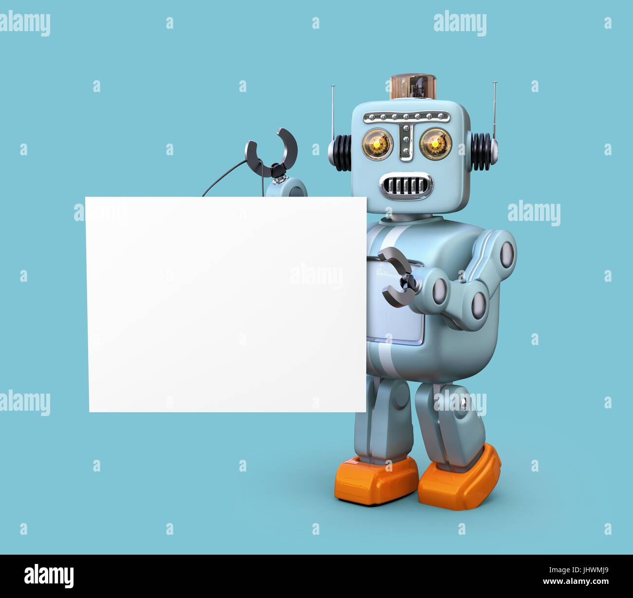 Cute retro robot avec tableau blanc isolé sur fond bleu. Le rendu 3D image avec chemin de détourage. Banque D'Images