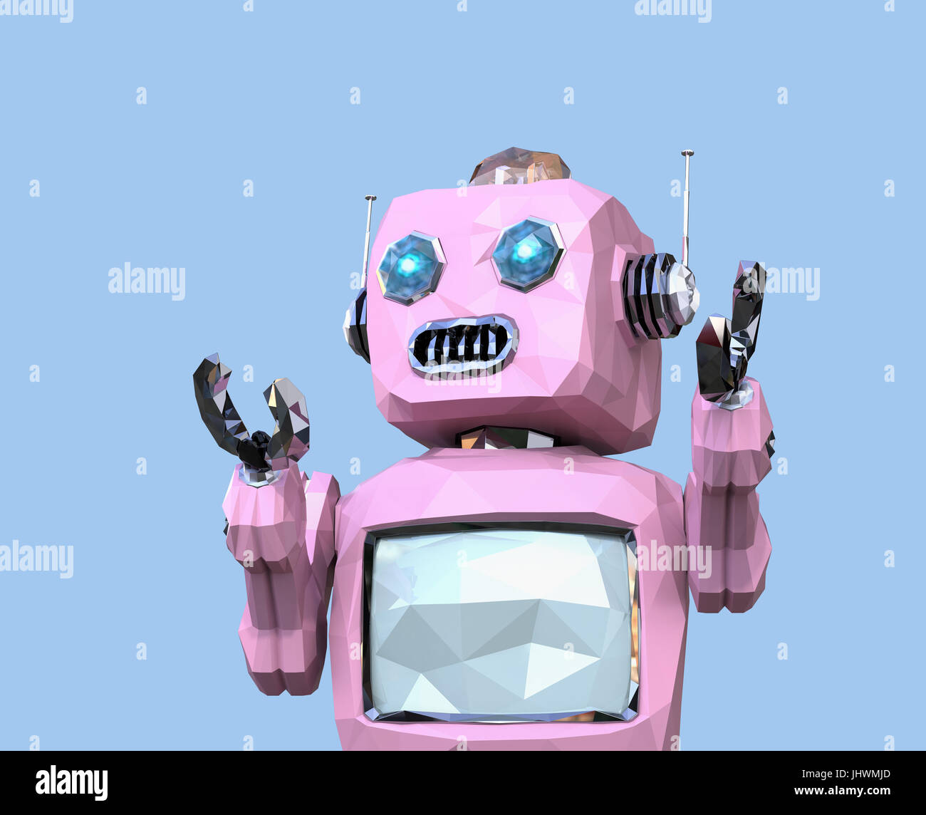 Low poly robot retro rose isolé sur fond bleu. Le rendu 3D image. Banque D'Images