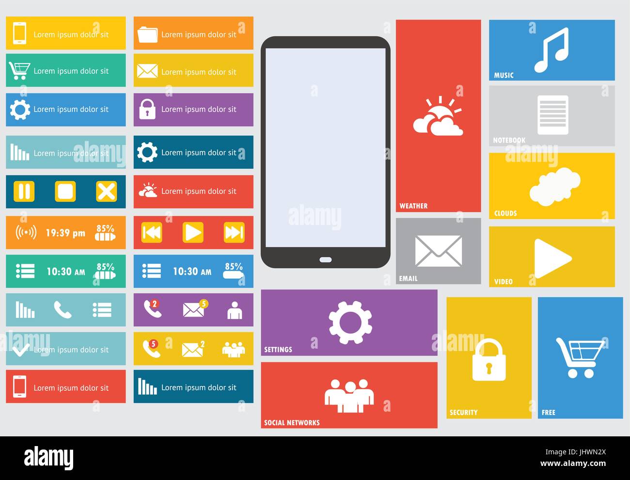 Vecteur de l'interface utilisateur moderne et colorée dans la mise en page design plat carré simple avec des fenêtres, des boutons, des widgets et des icônes de navigation Illustration de Vecteur