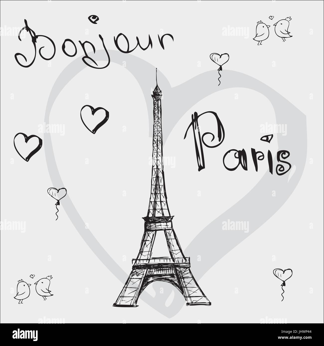 Vector hand drawn illustration avec tour Eiffel. Bonjour Paris. Illustration de Vecteur