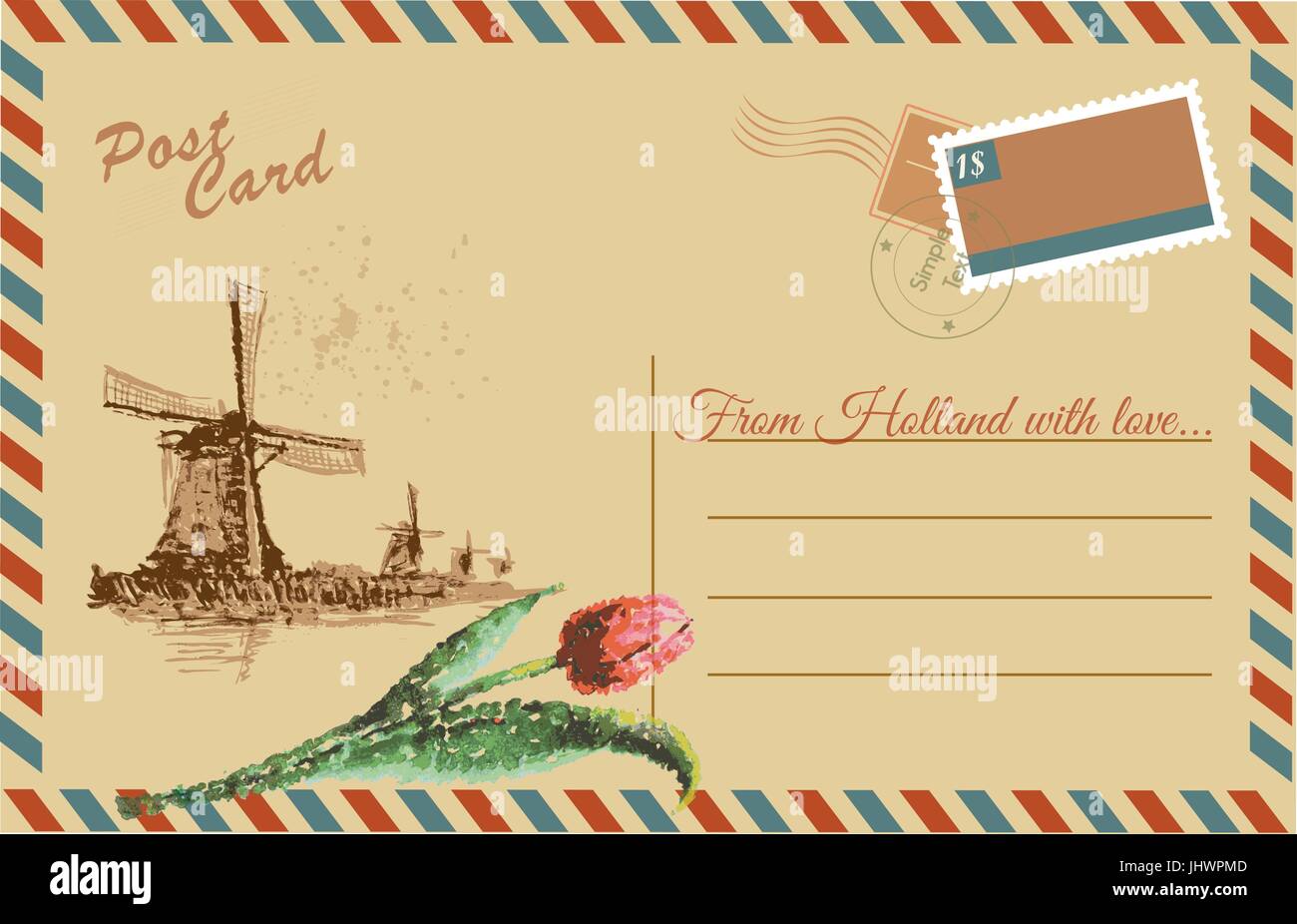 Carte postale vintage avec Pays-bas windmil et tulipl,aquarelle dessin à la main,vector Illustration de Vecteur