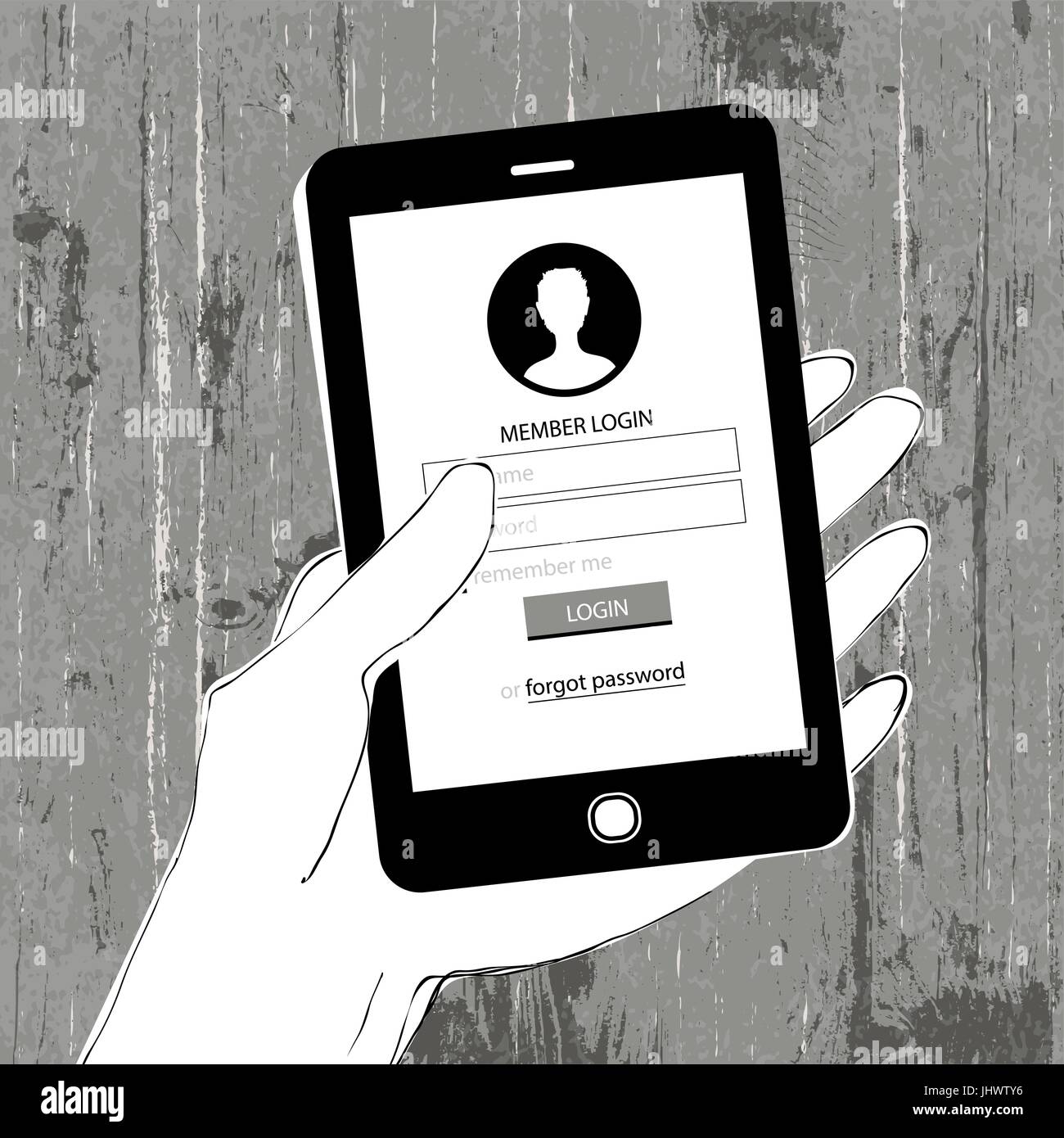 Smartphone dans la main. Member Login. Texture background en bois. Modèle de conception Illustration de Vecteur