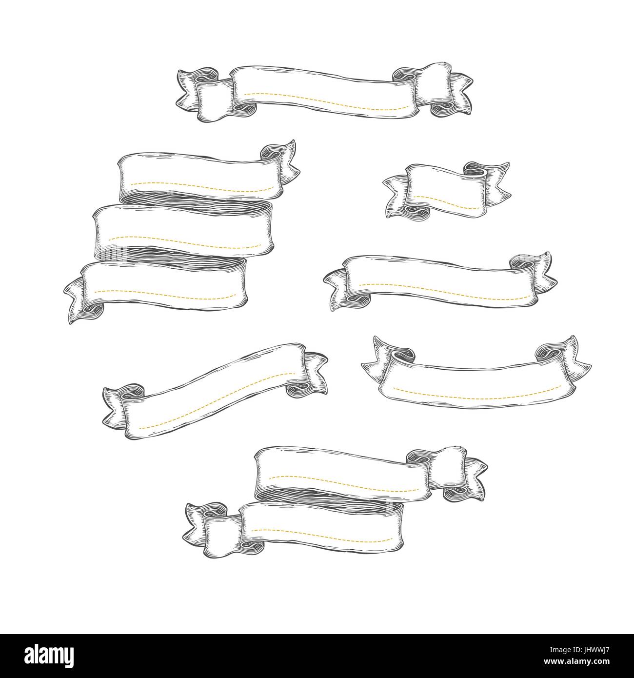 Lot de rubans. Vintage contour dessiné à la main des bannières. Modèle vectoriel Illustration de Vecteur