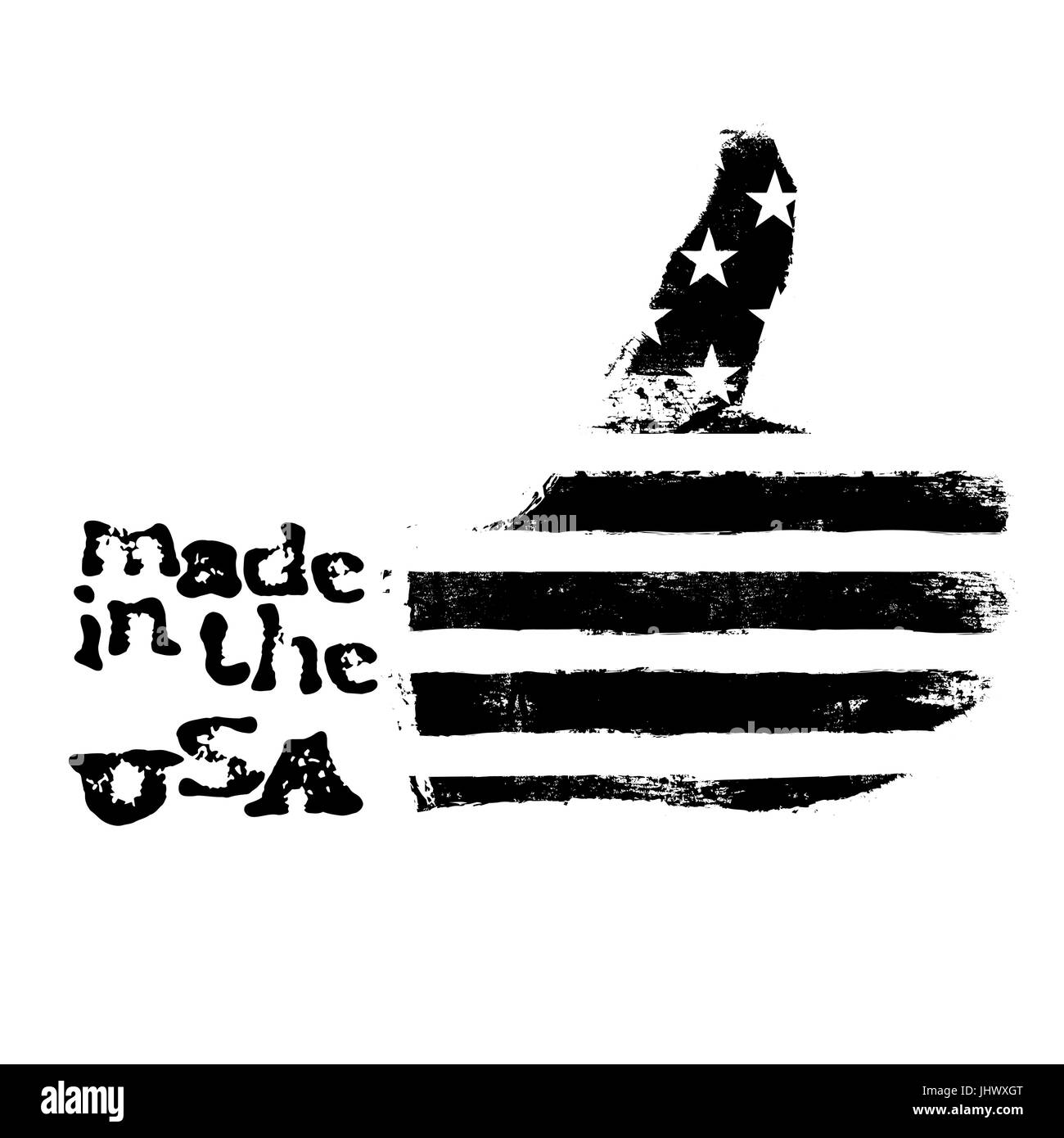 Fabriqué aux Etats-Unis. Thumb geste vers le symbole. Drapeau américain en forme de symbole. Sur fond blanc. Le noir et blanc Illustration de Vecteur