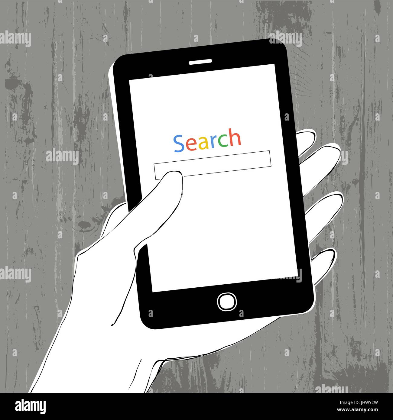 La recherche de texte en couleur. Smartphone dans la main. Texture background en bois. Vector illustration Illustration de Vecteur
