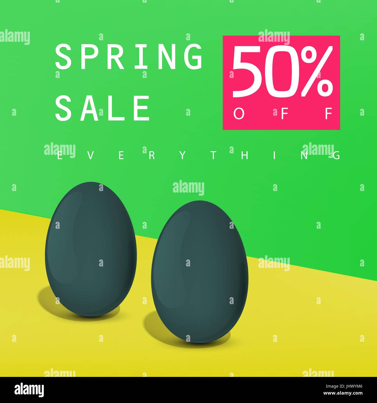 L'affiche de la vente de printemps. Vente d'un insigne. Modèle de carte de la publicité. Les œufs noirs sur fond jaune et vert. 50 pour cent. Illustration de Vecteur