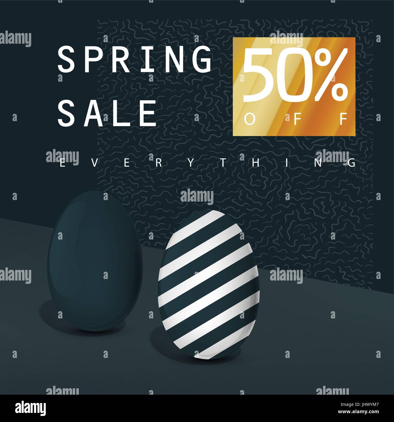 Vente de l'affiche. Vente d'un insigne. Modèle de carte de la publicité. Rayé noir et noir et d'oeufs sur goldbackground. 50 % de réduction. Illustration de Vecteur