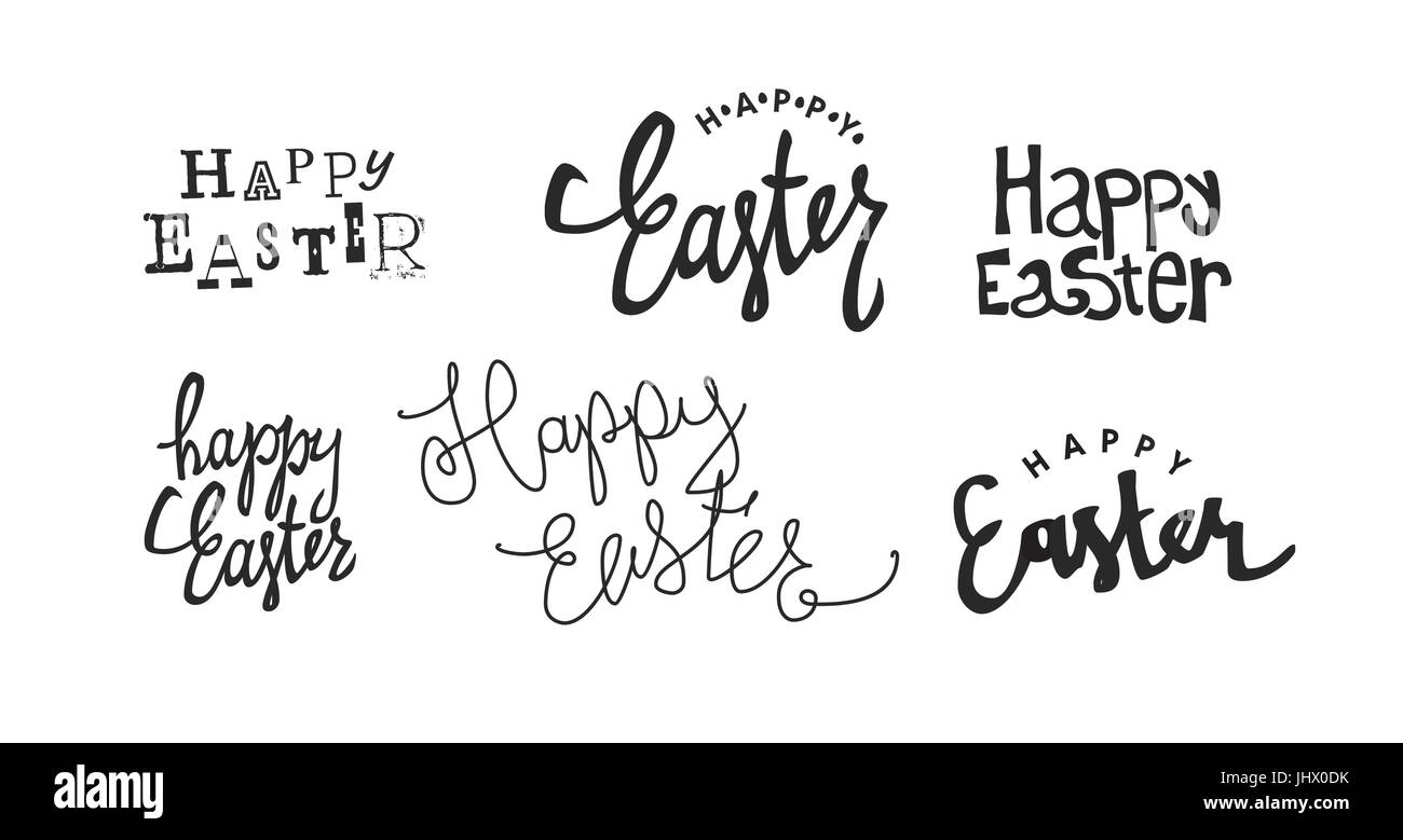 'Joyeuses Pâques' logotypes de calligraphie. Maison de vacances jeu de logos. Salutations de vacances logotype collection. Hand drawn vector lettrage. Sur fond blanc. Illustration de Vecteur