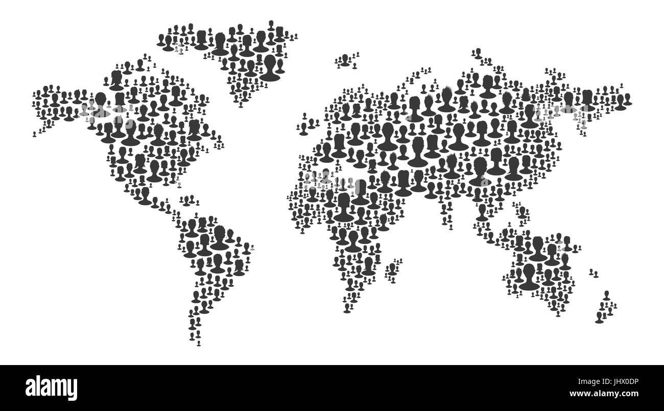 La carte du monde fait de gens silhouettes. Noir sur fond blanc, isolé ...