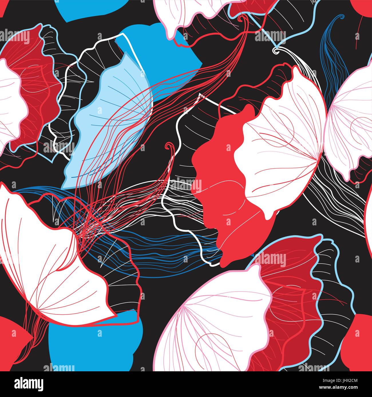 Seamless pattern d'été lumineux de différentes fleurs rouge et bleu Illustration de Vecteur