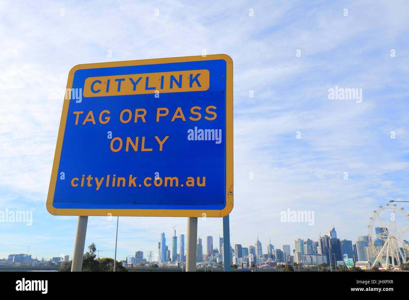 Panneau d'entrée d'autoroute Citylink à Melbourne en Australie. Citylink relie l'aéroport de Melbourne et le centre-ville de Melbourne. Banque D'Images