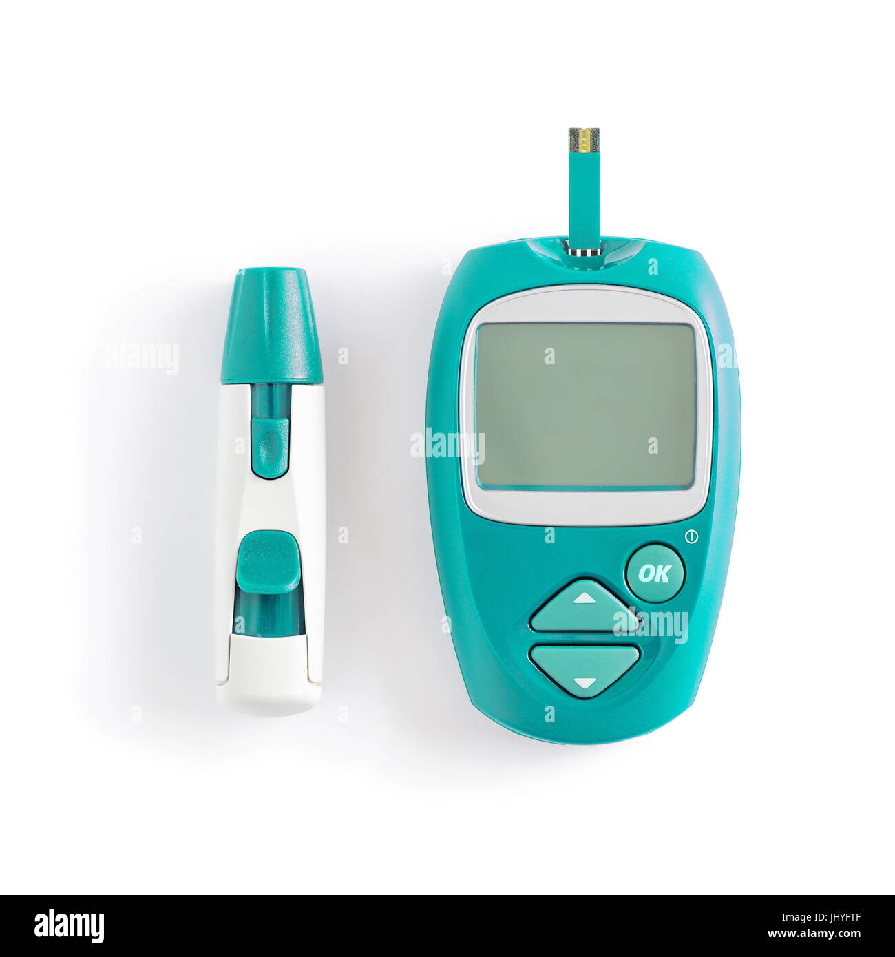 Diabete Sucre et seringue pour la surveillance du diabète avec Copyspace isolé sur blanc Banque D'Images