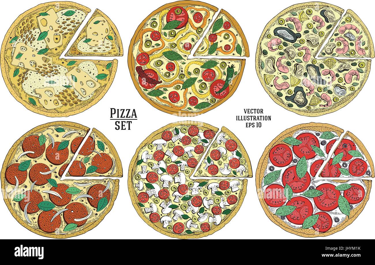 Pizza italienne hand drawn vector illustration set. Peut être utiliser pour pizzeria, café, restaurant. Illustration de Vecteur