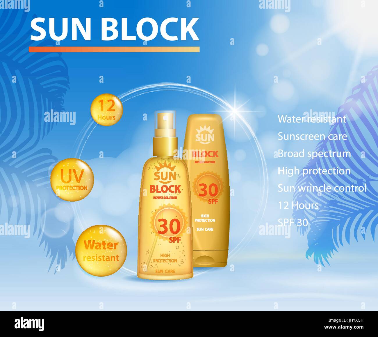 Écran solaire protection UV modèle annonces, Sun care protection produits cosmétiques visage et corps de conception et de l'huile sur le palm beach summer background. vector illustration Illustration de Vecteur