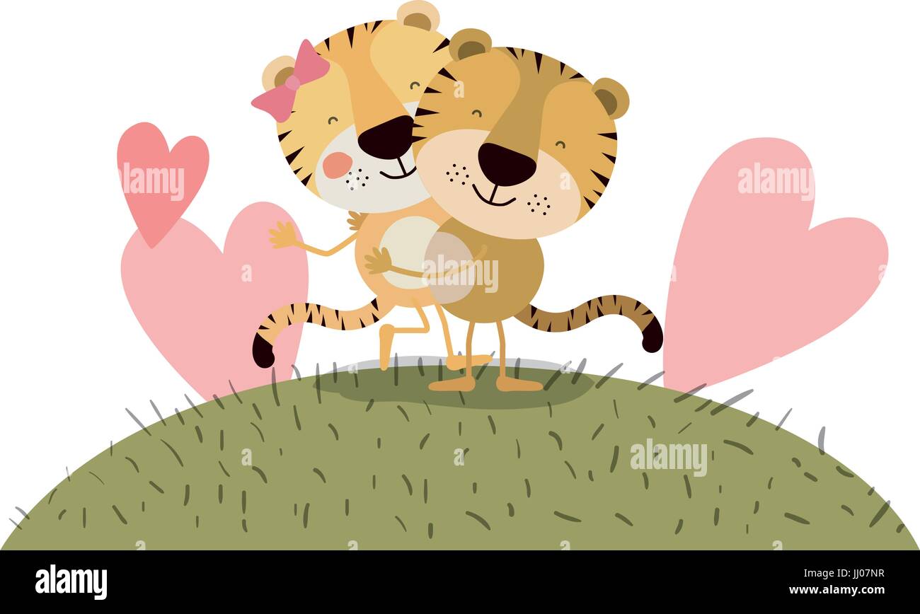 Paysage ciel scène colorée et de l'herbe avec la caricature de couple l'un portant l'autre tigres Illustration de Vecteur