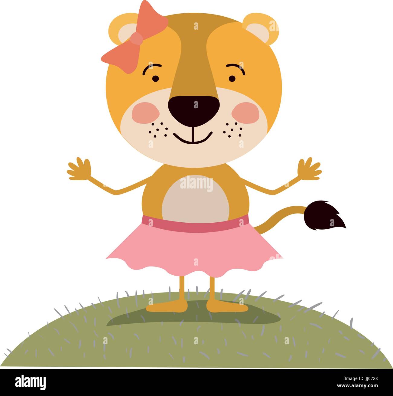 Paysage ciel scène colorée et de l'herbe caricature mignon expression lionne en jupe avec dentelle Illustration de Vecteur