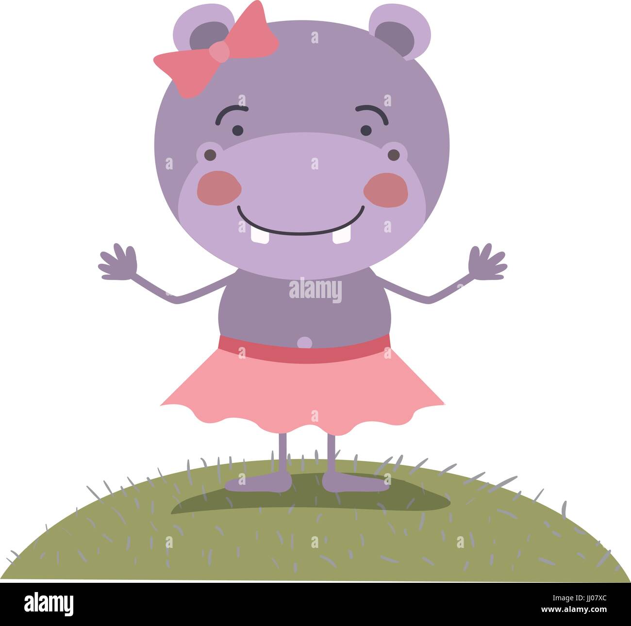 Paysage ciel scène colorée et de l'herbe caricature mignon expression hippo en jupe avec dentelle Illustration de Vecteur